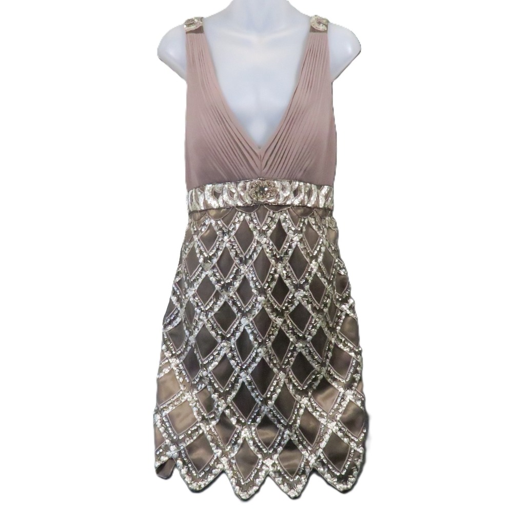 Sue Wong Nocturne Beaded Sequin Cocktail Dress 14 Taupe Formal Art Deco 20s NEW